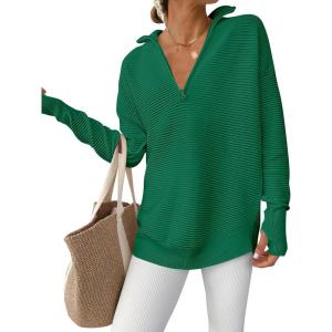 ANRABESS Womens Long Sleeve Quarter Zip Pullover Sweater Casual Loose V Neck Collared Ribbed Knit Jumper Tops Thumb Hole(Green)