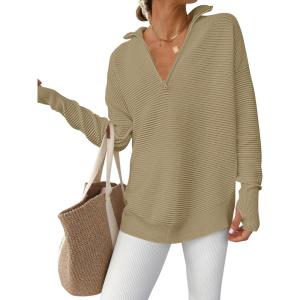 ANRABESS Womens Long Sleeve Quarter Zip Pullover Sweater Casual Loose V Neck Collared Ribbed Knit Jumper Tops Thumb Hole(Khaki)