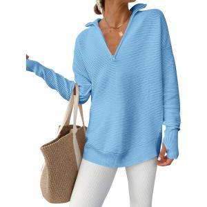 ANRABESS Womens Long Sleeve Quarter Zip Pullover Sweater Casual Loose V Neck Collared Ribbed Knit Jumper Tops Thumb Hole(Light Blue)