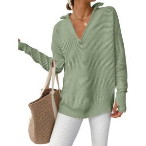 ANRABESS Womens Long Sleeve Quarter Zip Pullover Sweater Casual Loose V Neck Collared Ribbed Knit Jumper Tops Thumb Hole(Light Green)
