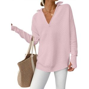 ANRABESS Womens Long Sleeve Quarter Zip Pullover Sweater Casual Loose V Neck Collared Ribbed Knit Jumper Tops Thumb Hole(Pink)