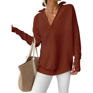 ANRABESS Womens Long Sleeve Quarter Zip Pullover Sweater Casual Loose V Neck Collared Ribbed Knit Jumper Tops Thumb Hole(Rust)