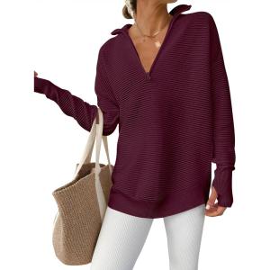 ANRABESS Womens Long Sleeve Quarter Zip Pullover Sweater Casual Loose V Neck Collared Ribbed Knit Jumper Tops Thumb Hole(Wine Red)