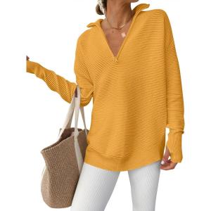 ANRABESS Womens Long Sleeve Quarter Zip Pullover Sweater Casual Loose V Neck Collared Ribbed Knit Jumper Tops Thumb Hole(Yellow)