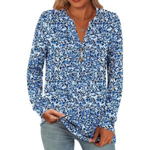 ANRABESS Women’s Long Sleeve Shirts 2025 Fall Henley Business Casual Tops Cute T-Shirts Work Blouses Outfits Vacation Clothes(Blue White Floral)