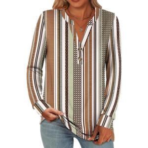 ANRABESS Women’s Long Sleeve Shirts 2025 Fall Henley Business Casual Tops Cute T-Shirts Work Blouses Outfits Vacation Clothes(Brown White Strip)