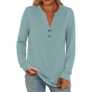 ANRABESS Women’s Long Sleeve Shirts 2025 Fall Henley Business Casual Tops Cute T-Shirts Work Blouses Outfits Vacation Clothes(Cadet Blue)
