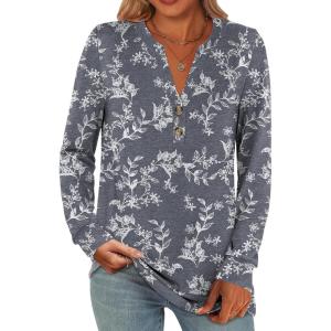 ANRABESS Women’s Long Sleeve Shirts 2025 Fall Henley Business Casual Tops Cute T-Shirts Work Blouses Outfits Vacation Clothes(Grey White Floral)