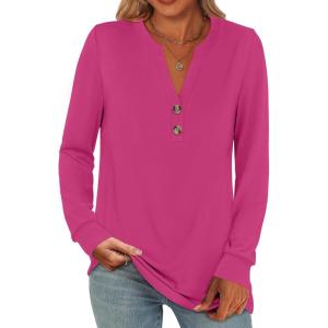 ANRABESS Women’s Long Sleeve Shirts 2025 Fall Henley Business Casual Tops Cute T-Shirts Work Blouses Outfits Vacation Clothes(Hot Pink)