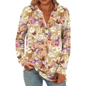 ANRABESS Women’s Long Sleeve Shirts 2025 Fall Henley Business Casual Tops Cute T-Shirts Work Blouses Outfits Vacation Clothes(Khaki Beige Floral)