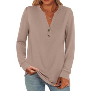ANRABESS Women’s Long Sleeve Shirts 2025 Fall Henley Business Casual Tops Cute T-Shirts Work Blouses Outfits Vacation Clothes(Light Brown)