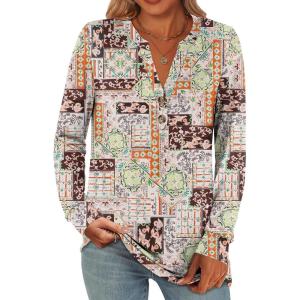 ANRABESS Women’s Long Sleeve Shirts 2025 Fall Henley Business Casual Tops Cute T-Shirts Work Blouses Outfits Vacation Clothes(Mix Color Block)