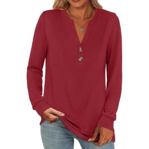 ANRABESS Women’s Long Sleeve Shirts 2025 Fall Henley Business Casual Tops Cute T-Shirts Work Blouses Outfits Vacation Clothes(Red)