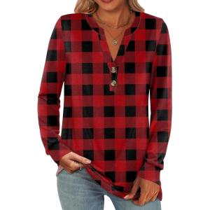 ANRABESS Women’s Long Sleeve Shirts 2025 Fall Henley Business Casual Tops Cute T-Shirts Work Blouses Outfits Vacation Clothes(Red Black Plaid)