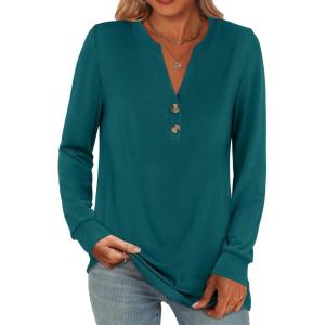 ANRABESS Women’s Long Sleeve Shirts 2025 Fall Henley Business Casual Tops Cute T-Shirts Work Blouses Outfits Vacation Clothes(Teal)