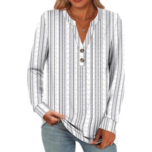ANRABESS Women’s Long Sleeve Shirts 2025 Fall Henley Business Casual Tops Cute T-Shirts Work Blouses Outfits Vacation Clothes(White Grey Strip)