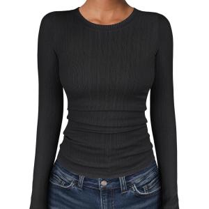 ANRABESS Women’s Long Sleeve Shirts Crewneck Ribbed Knitted Slim Fitted Tops Basic Tee 2025 Fall Outfits Dressy Casual Blouse(Black)