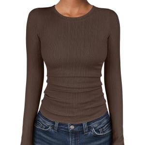 ANRABESS Women’s Long Sleeve Shirts Crewneck Ribbed Knitted Slim Fitted Tops Basic Tee 2025 Fall Outfits Dressy Casual Blouse(Brown)