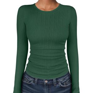 ANRABESS Women’s Long Sleeve Shirts Crewneck Ribbed Knitted Slim Fitted Tops Basic Tee 2025 Fall Outfits Dressy Casual Blouse(Deep Green)