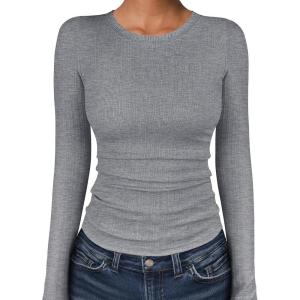 ANRABESS Women’s Long Sleeve Shirts Crewneck Ribbed Knitted Slim Fitted Tops Basic Tee 2025 Fall Outfits Dressy Casual Blouse(Grey)