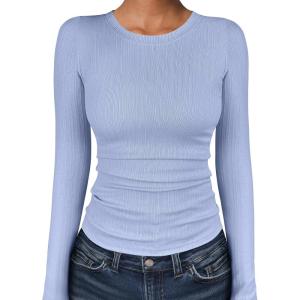 ANRABESS Women’s Long Sleeve Shirts Crewneck Ribbed Knitted Slim Fitted Tops Basic Tee 2025 Fall Outfits Dressy Casual Blouse(Light Blue)