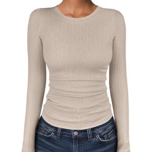 ANRABESS Women’s Long Sleeve Shirts Crewneck Ribbed Knitted Slim Fitted Tops Basic Tee 2025 Fall Outfits Dressy Casual Blouse(Light Khaki)