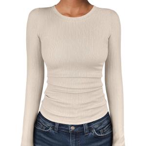 ANRABESS Women’s Long Sleeve Shirts Crewneck Ribbed Knitted Slim Fitted Tops Basic Tee 2025 Fall Outfits Dressy Casual Blouse(Parchment)