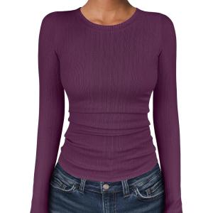 ANRABESS Women’s Long Sleeve Shirts Crewneck Ribbed Knitted Slim Fitted Tops Basic Tee 2025 Fall Outfits Dressy Casual Blouse(Purple Red)