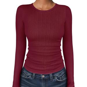 ANRABESS Women’s Long Sleeve Shirts Crewneck Ribbed Knitted Slim Fitted Tops Basic Tee 2025 Fall Outfits Dressy Casual Blouse(Red)