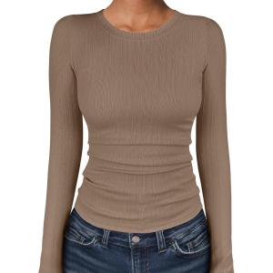 ANRABESS Women’s Long Sleeve Shirts Crewneck Ribbed Knitted Slim Fitted Tops Basic Tee 2025 Fall Outfits Dressy Casual Blouse(Tan)