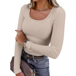 ANRABESS Womens Long Sleeve Shirts Scoop Neck Ribbed Knit Slim Fitted Tops Casual Basic Tee 2025 Fall Fashion Outfits Clothes(Beige)