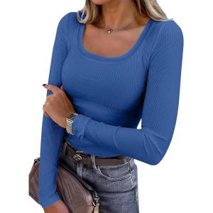 ANRABESS Womens Long Sleeve Shirts Scoop Neck Ribbed Knit Slim Fitted Tops Casual Basic Tee 2025 Fall Fashion Outfits Clothes(Blue)