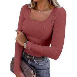 ANRABESS Womens Long Sleeve Shirts Scoop Neck Ribbed Knit Slim Fitted Tops Casual Basic Tee 2025 Fall Fashion Outfits Clothes(Brick Red)