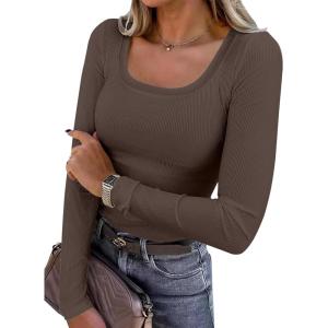 ANRABESS Womens Long Sleeve Shirts Scoop Neck Ribbed Knit Slim Fitted Tops Casual Basic Tee 2025 Fall Fashion Outfits Clothes(Coffee)