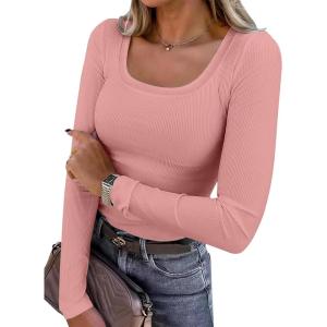ANRABESS Womens Long Sleeve Shirts Scoop Neck Ribbed Knit Slim Fitted Tops Casual Basic Tee 2025 Fall Fashion Outfits Clothes(Coral)