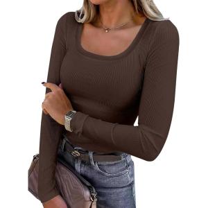 ANRABESS Womens Long Sleeve Shirts Scoop Neck Ribbed Knit Slim Fitted Tops Casual Basic Tee 2025 Fall Fashion Outfits Clothes(Dark Brown)