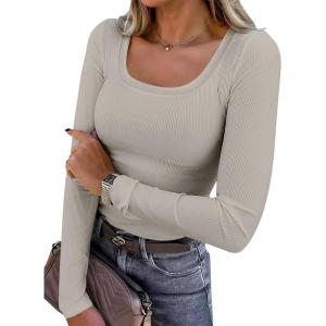 ANRABESS Womens Long Sleeve Shirts Scoop Neck Ribbed Knit Slim Fitted Tops Casual Basic Tee 2025 Fall Fashion Outfits Clothes(Dark Khaki)