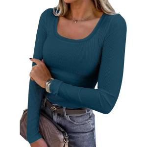 ANRABESS Womens Long Sleeve Shirts Scoop Neck Ribbed Knit Slim Fitted Tops Casual Basic Tee 2025 Fall Fashion Outfits Clothes(Deep Blue)