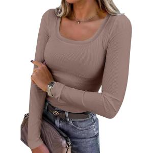 ANRABESS Womens Long Sleeve Shirts Scoop Neck Ribbed Knit Slim Fitted Tops Casual Basic Tee 2025 Fall Fashion Outfits Clothes(Deep Brown)