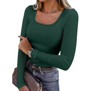ANRABESS Womens Long Sleeve Shirts Scoop Neck Ribbed Knit Slim Fitted Tops Casual Basic Tee 2025 Fall Fashion Outfits Clothes(Deep Green)