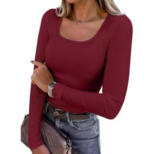 ANRABESS Womens Long Sleeve Shirts Scoop Neck Ribbed Knit Slim Fitted Tops Casual Basic Tee 2025 Fall Fashion Outfits Clothes(Deep Red)