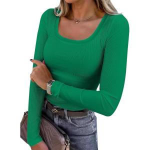 ANRABESS Womens Long Sleeve Shirts Scoop Neck Ribbed Knit Slim Fitted Tops Casual Basic Tee 2025 Fall Fashion Outfits Clothes(Green)