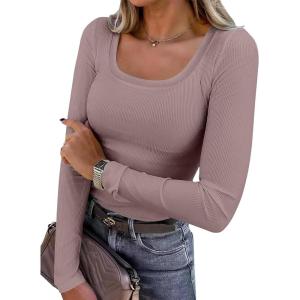 ANRABESS Womens Long Sleeve Shirts Scoop Neck Ribbed Knit Slim Fitted Tops Casual Basic Tee 2025 Fall Fashion Outfits Clothes(Grey Pink)
