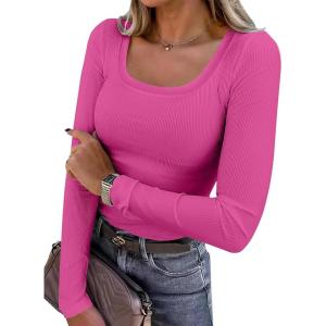 ANRABESS Womens Long Sleeve Shirts Scoop Neck Ribbed Knit Slim Fitted Tops Casual Basic Tee 2025 Fall Fashion Outfits Clothes(Hot Pink)
