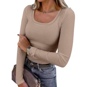 ANRABESS Womens Long Sleeve Shirts Scoop Neck Ribbed Knit Slim Fitted Tops Casual Basic Tee 2025 Fall Fashion Outfits Clothes(Khaki)