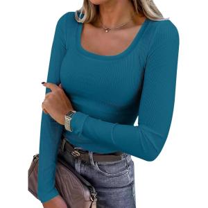 ANRABESS Womens Long Sleeve Shirts Scoop Neck Ribbed Knit Slim Fitted Tops Casual Basic Tee 2025 Fall Fashion Outfits Clothes(Lake Blue)