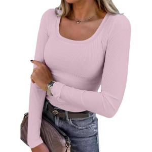 ANRABESS Womens Long Sleeve Shirts Scoop Neck Ribbed Knit Slim Fitted Tops Casual Basic Tee 2025 Fall Fashion Outfits Clothes(Light Pink)