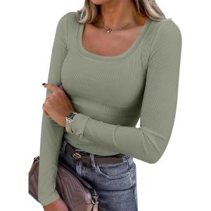 ANRABESS Womens Long Sleeve Shirts Scoop Neck Ribbed Knit Slim Fitted Tops Casual Basic Tee 2025 Fall Fashion Outfits Clothes(Olive)