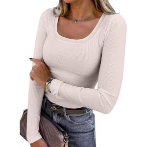 ANRABESS Womens Long Sleeve Shirts Scoop Neck Ribbed Knit Slim Fitted Tops Casual Basic Tee 2025 Fall Fashion Outfits Clothes(Parchment)