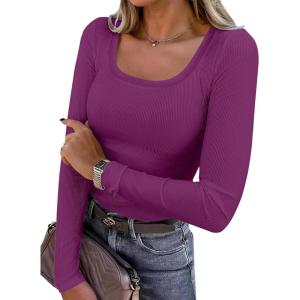 ANRABESS Womens Long Sleeve Shirts Scoop Neck Ribbed Knit Slim Fitted Tops Casual Basic Tee 2025 Fall Fashion Outfits Clothes(Purple)